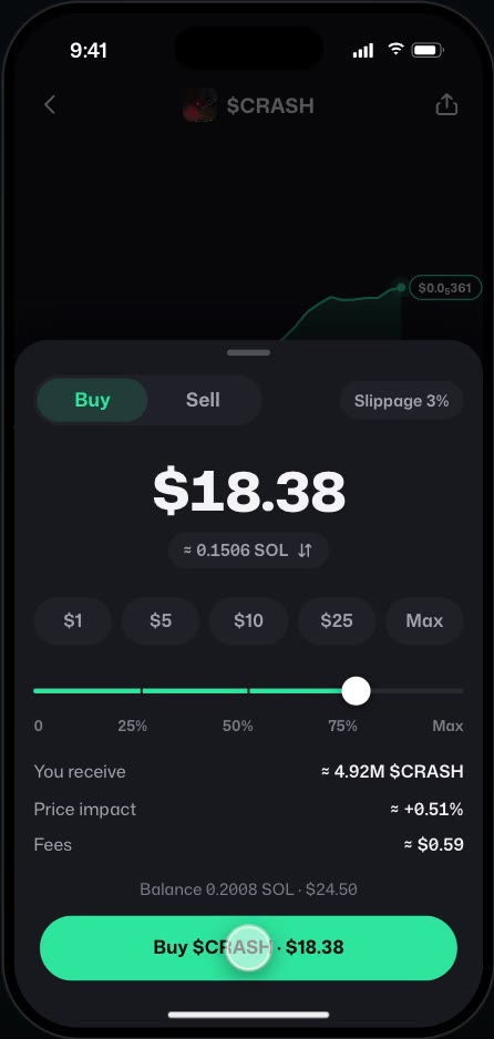 Buy sheet showing amount received, price impact and fees